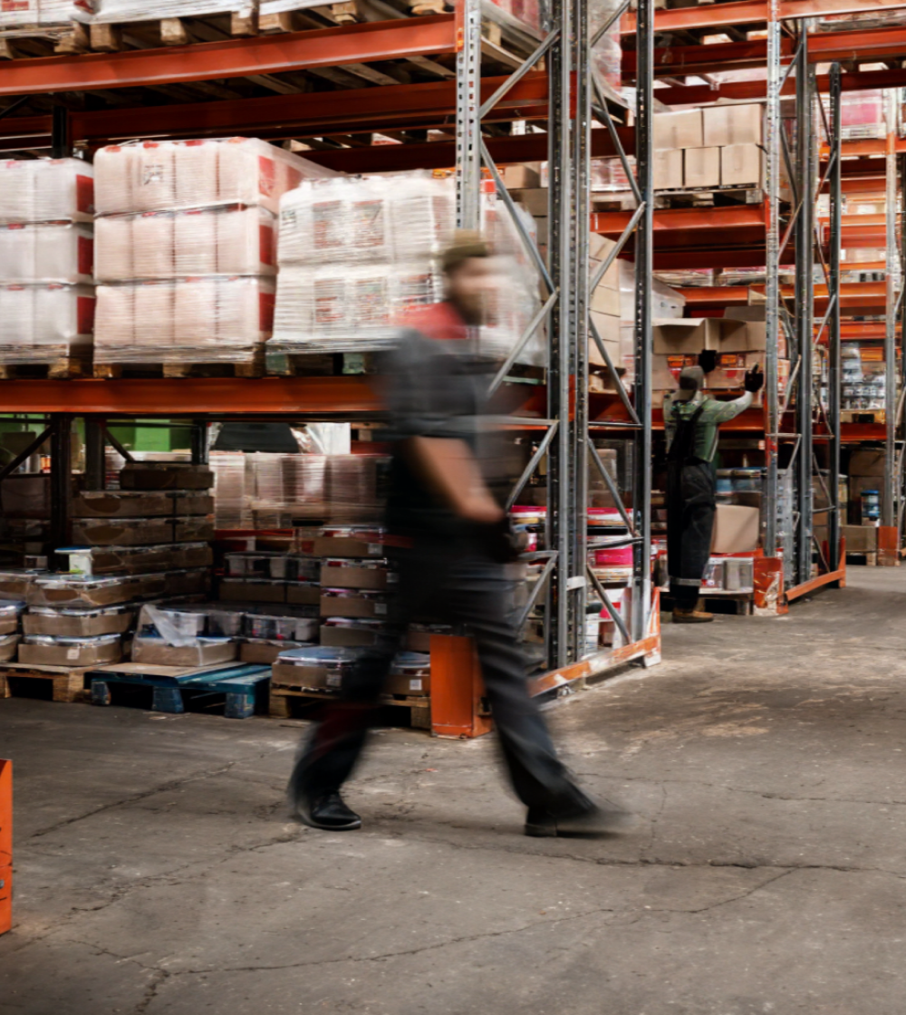 Warehouse worker walking between pallet racks stocked with goods