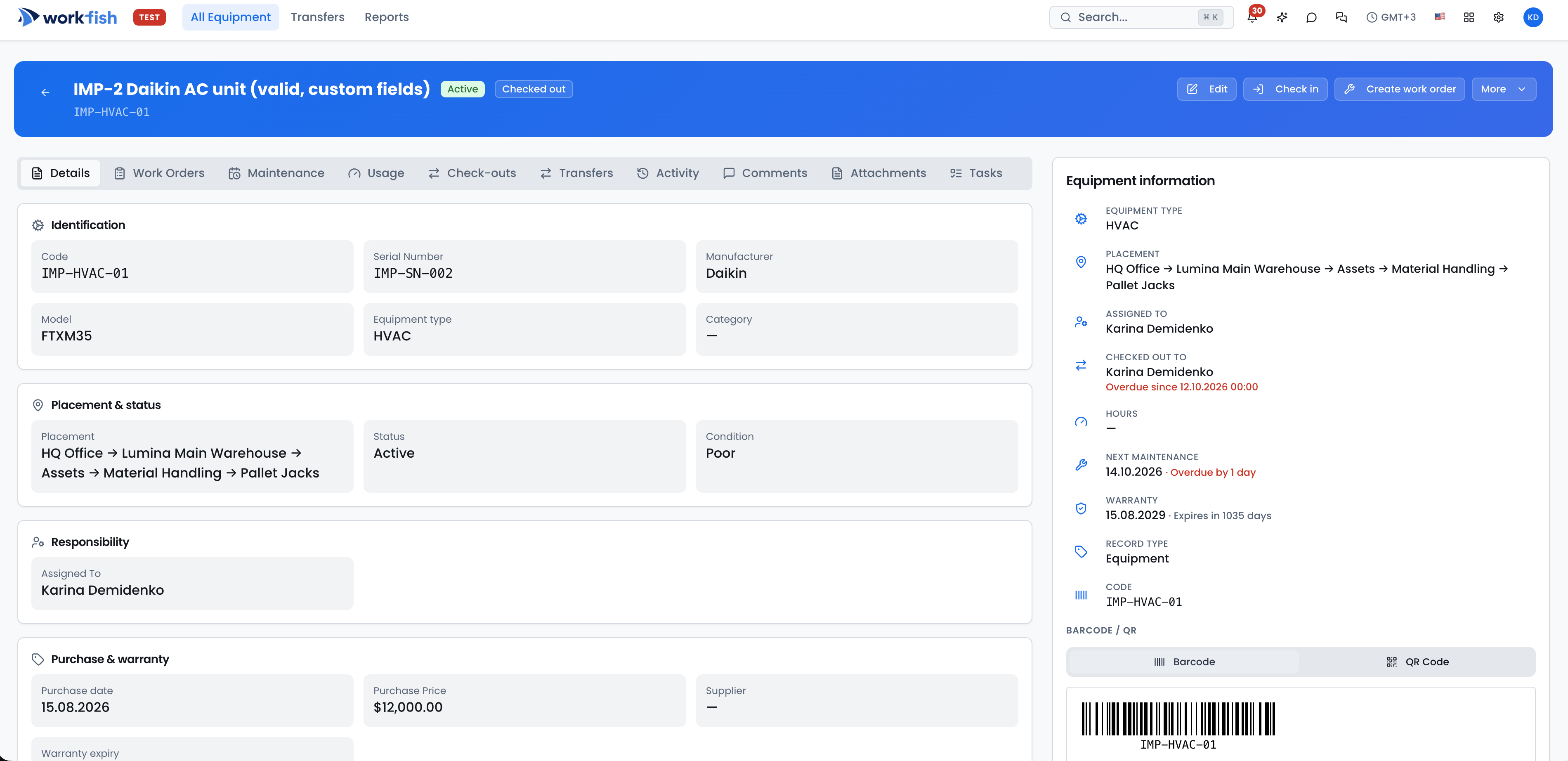 Registro de activos de WorkFish en escritorio