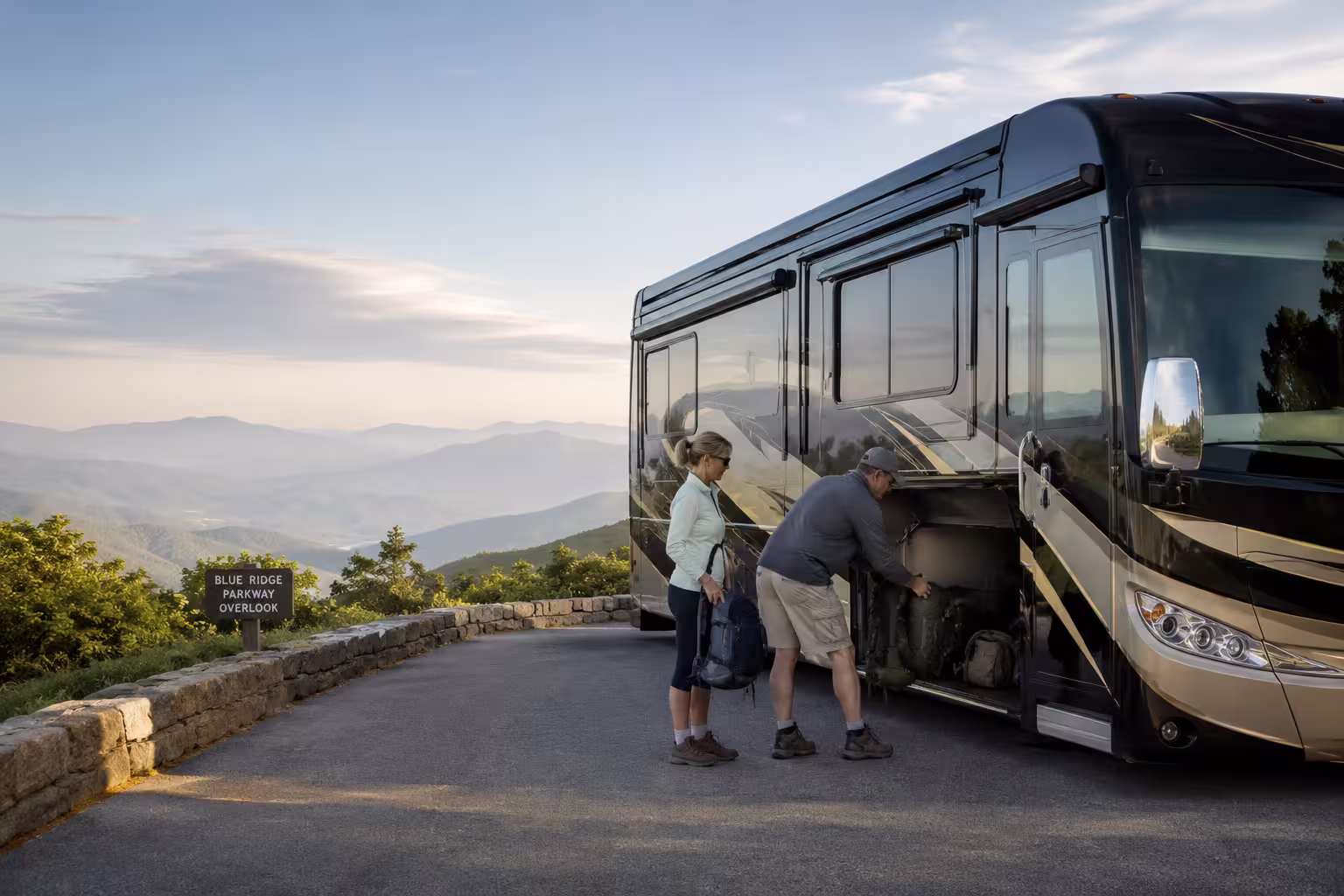 Luxury Class A motorhome at a Blue Ridge overlook near Asheville, NC
