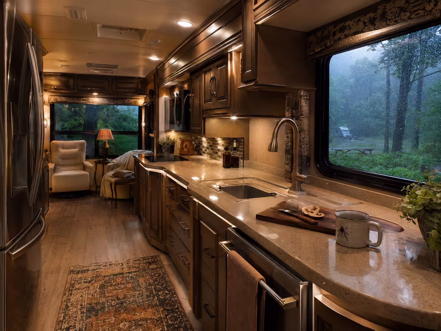 Luxury motorhome kitchen interior at a wooded Asheville campground