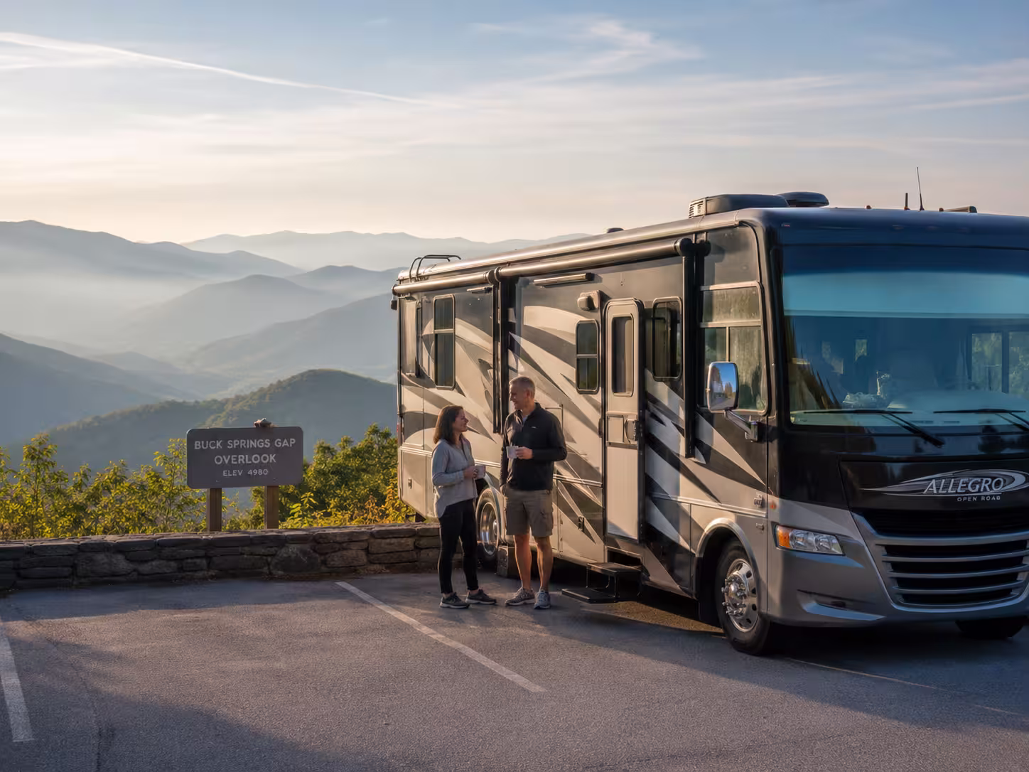 Class A motorhome at a Blue Ridge overlook near Asheville, NC