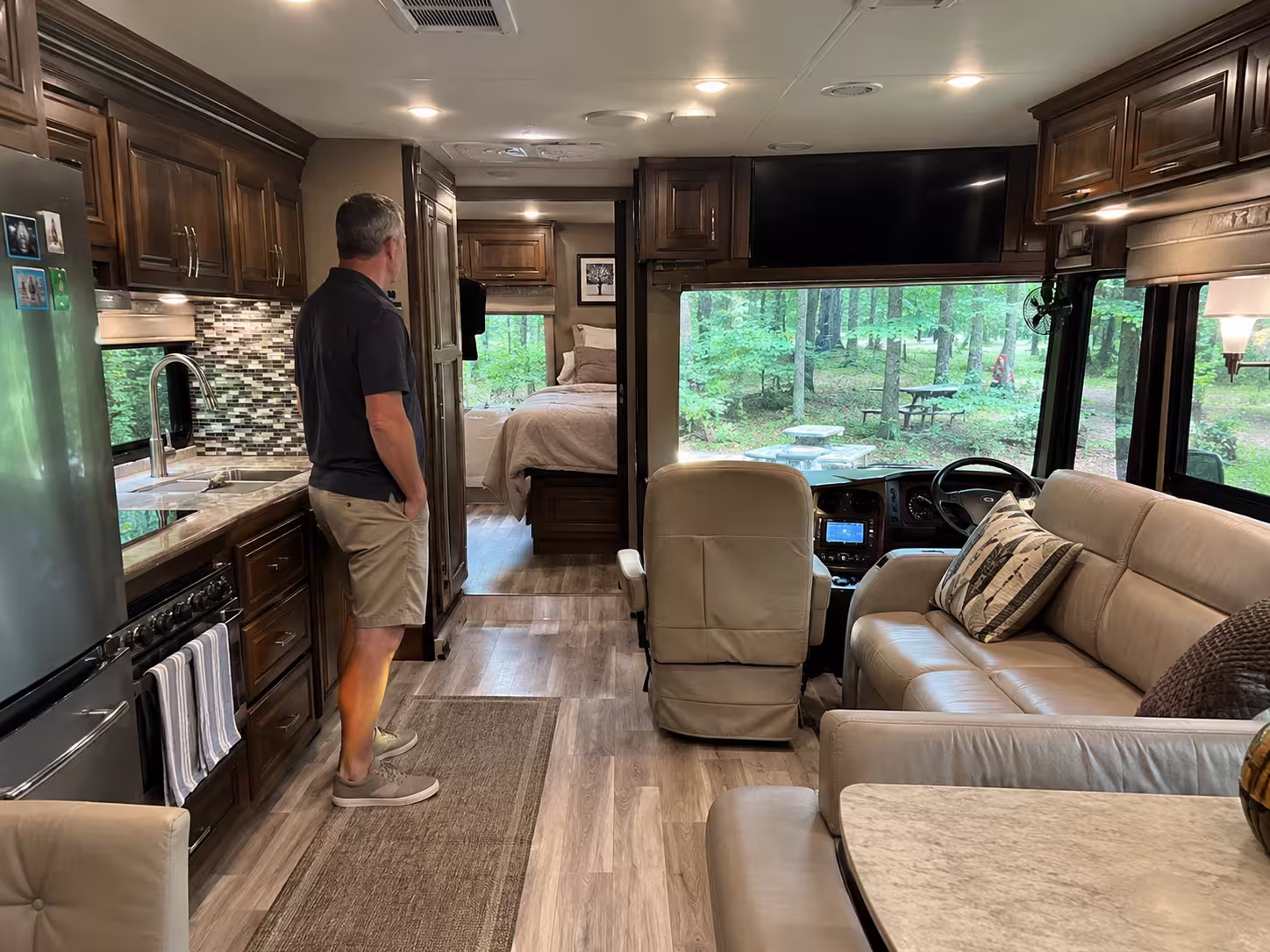 Class A motorhome interior at a wooded Asheville area campground
