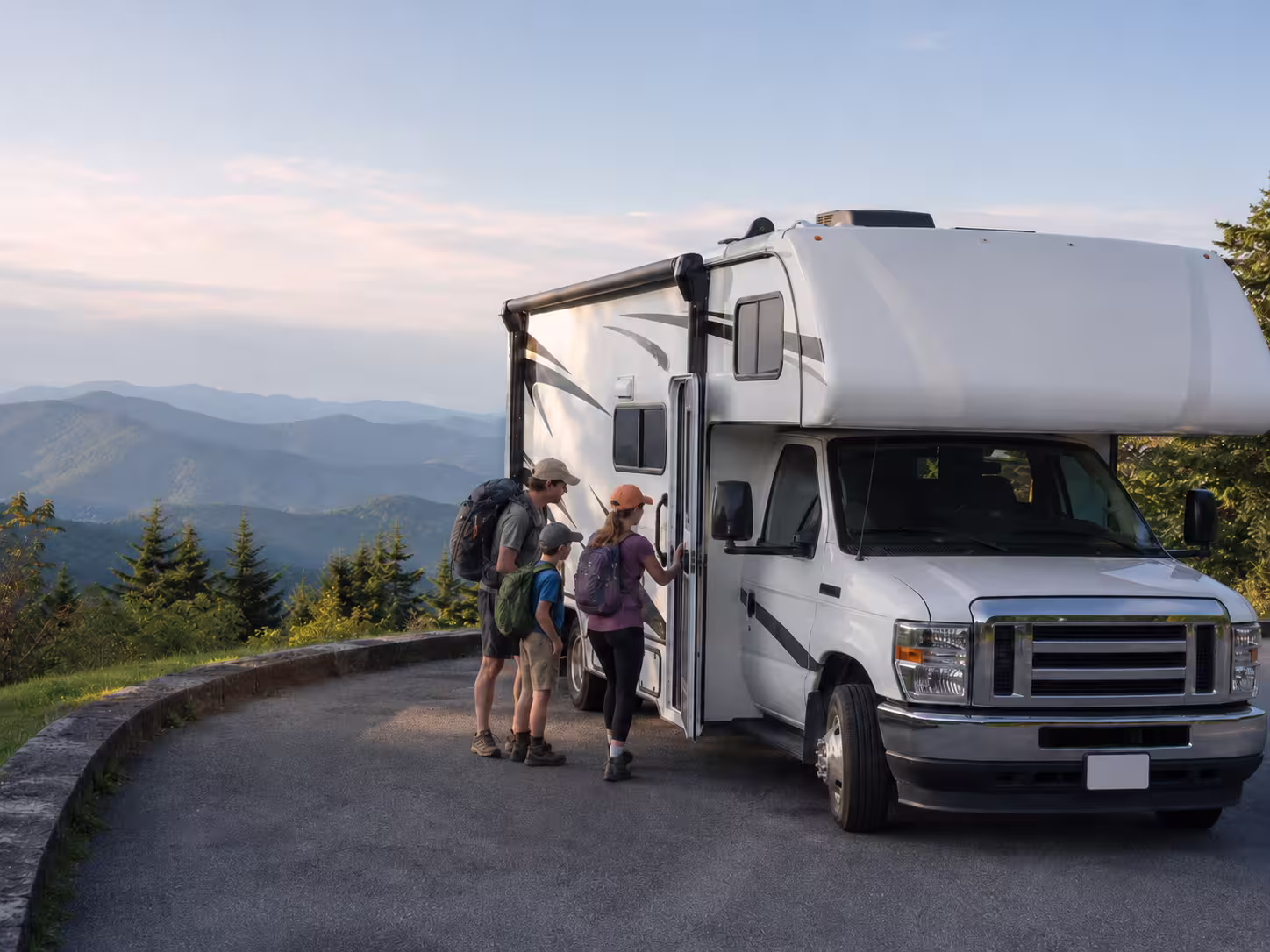 Class C motorhome at a Blue Ridge Parkway overlook near Asheville, NC