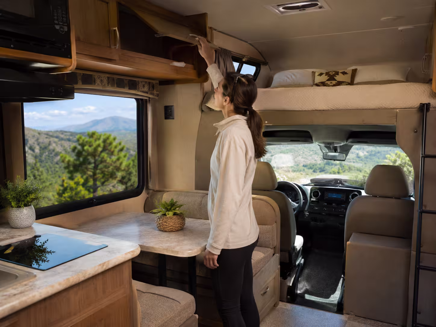 Class C motorhome interior with cab-over bunk, Asheville rental