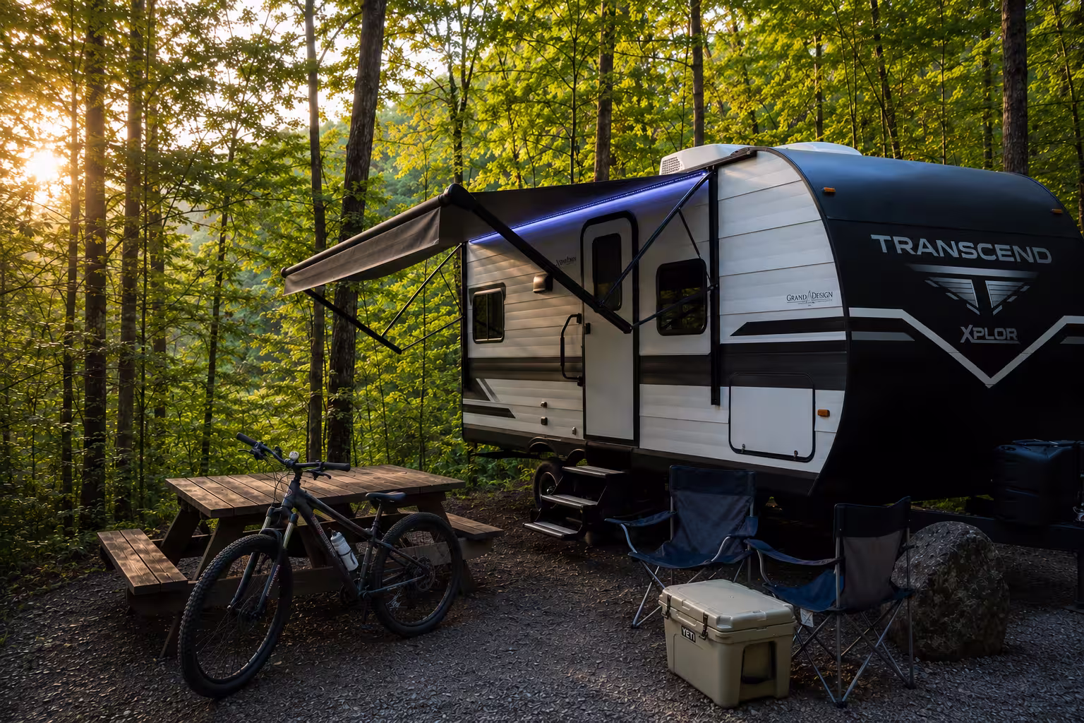 Camper set up at a forest campsite near Asheville, NC
