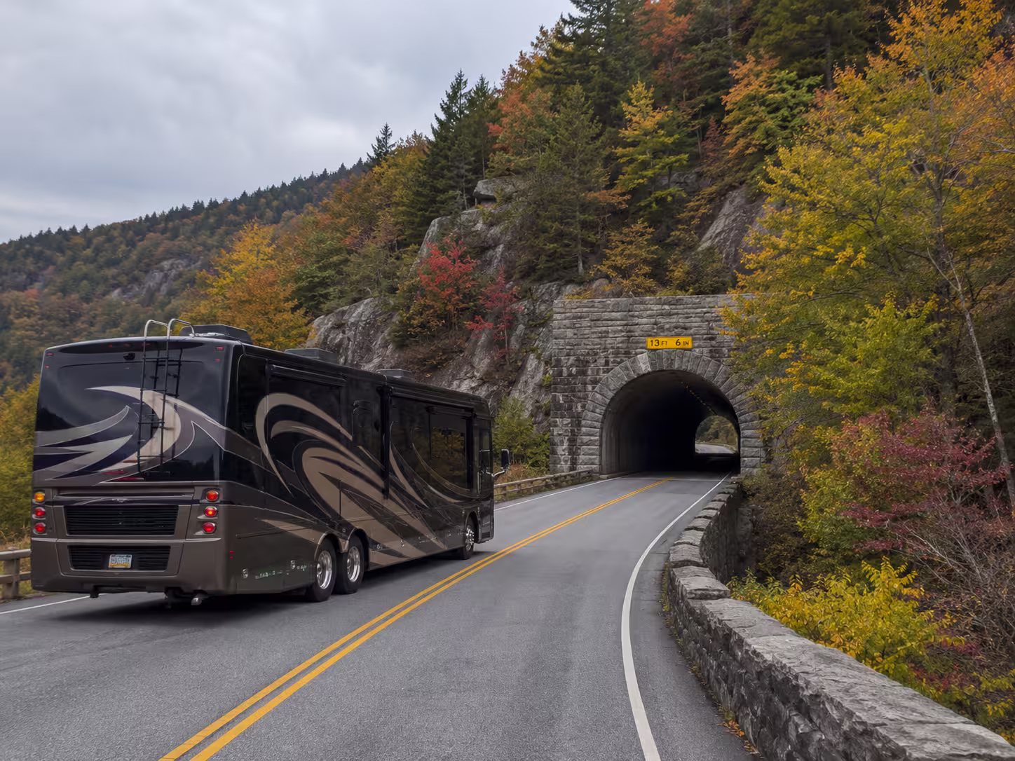Camper rental on a fall mountain road near Asheville, NC