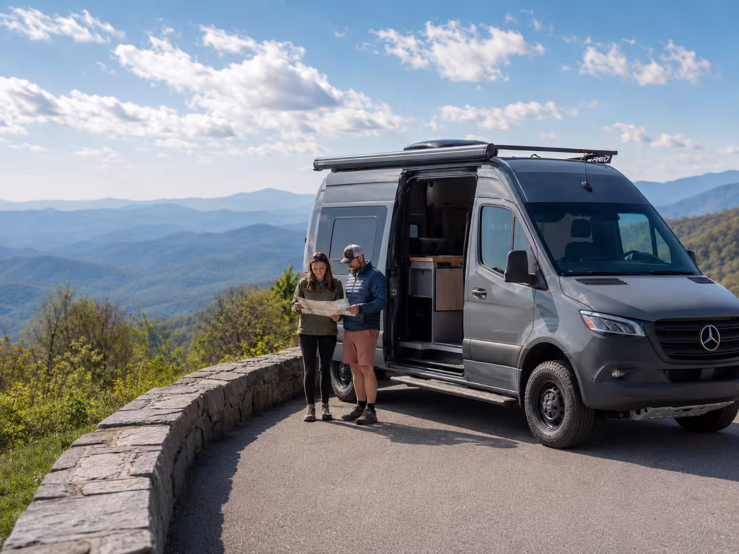 Camper van rental at a Blue Ridge Parkway overlook near Asheville, NC