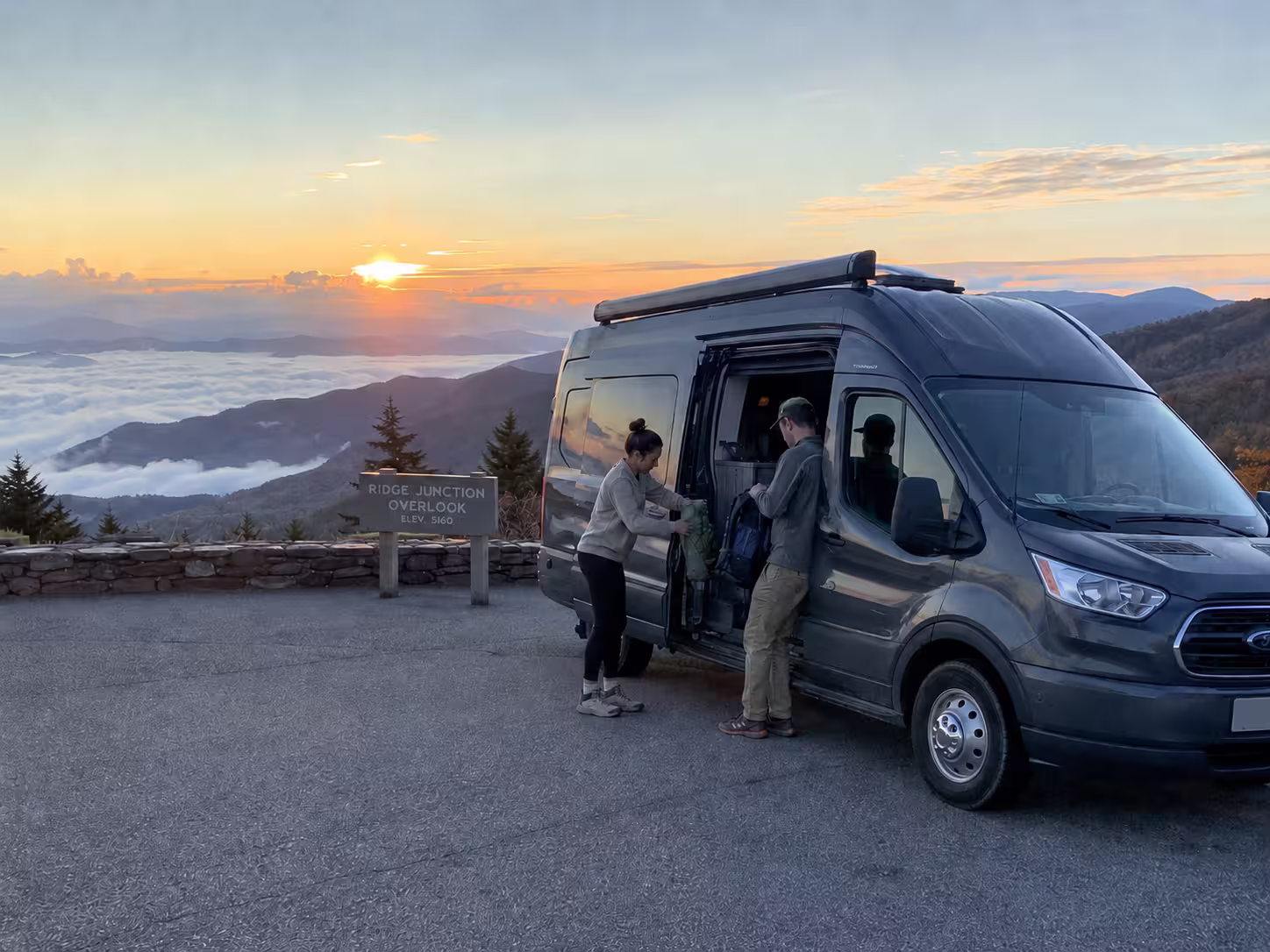 Small camper van at a Blue Ridge Parkway overlook near Asheville, NC