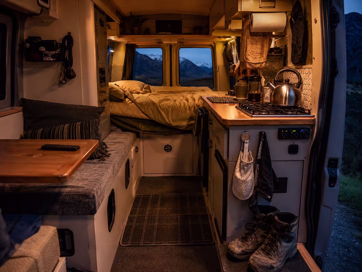 Compact camper interior set up for the night after an Asheville hike