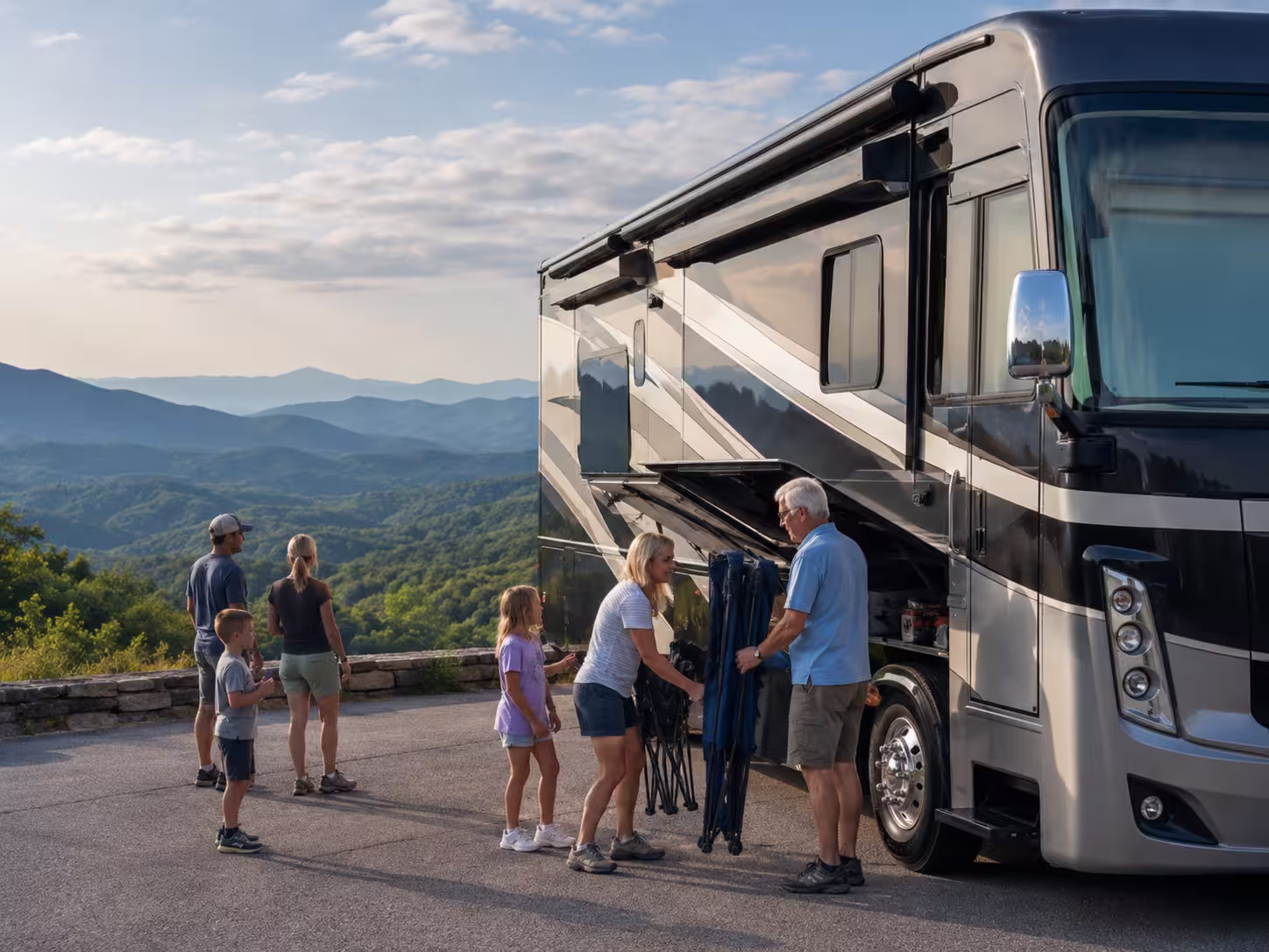 Large Class A motorhome at a Blue Ridge overlook near Asheville, NC