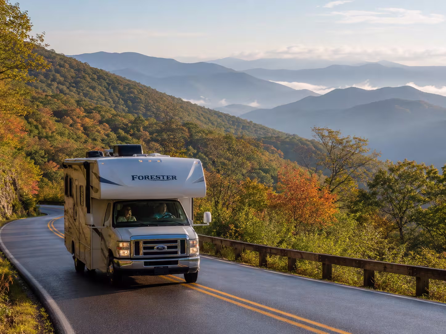 Motorhome rental on a Blue Ridge mountain road near Asheville, NC