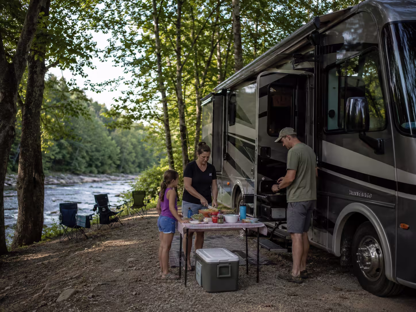 Motorhome at a riverside campsite near Asheville, NC