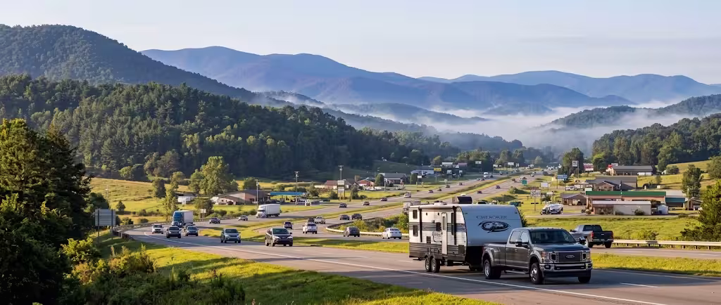 Large bunkhouse travel trailer on a busy highway running west out of a city