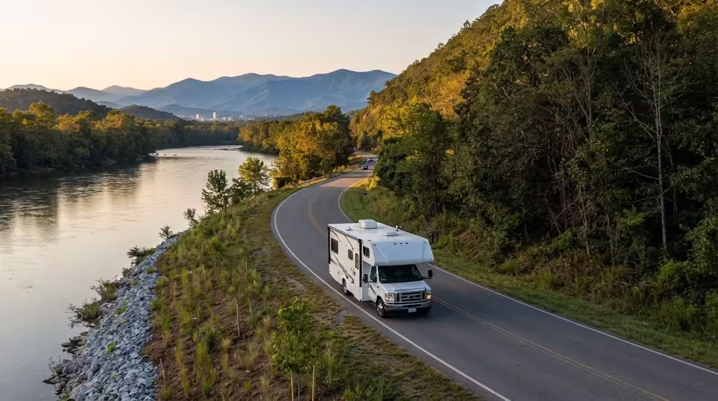 Class C motorhome on a river road running north out of a city