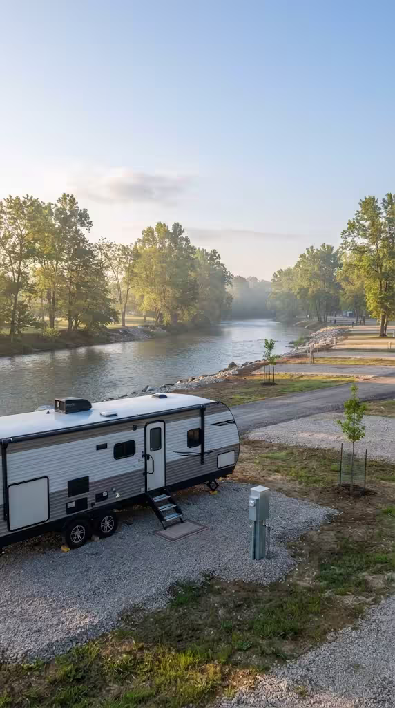 Large bunkhouse travel trailer on a pitch at a riverside RV park rebuilding after a flood