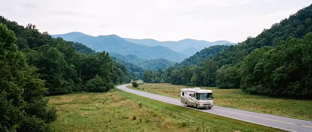 Class A motorhome on a highway running north through a narrow valley