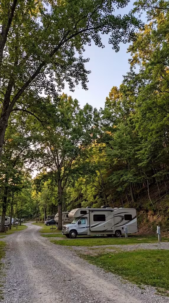 Class C motorhome on a pitch at an RV park under hardwoods south of the town