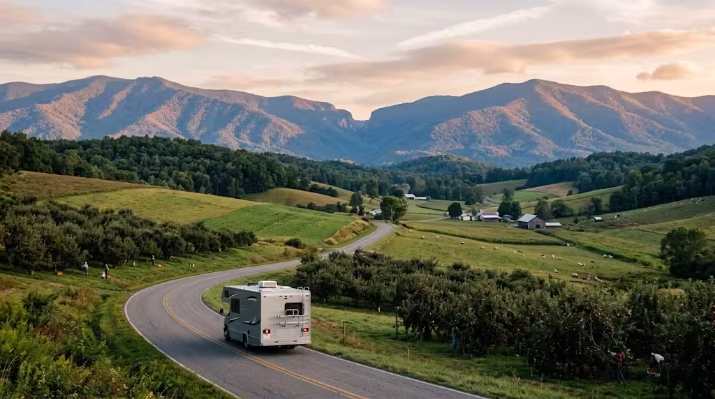 Class B camper van on a winding two lane road climbing a farming valley