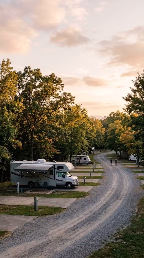 Class A motorhome on a pitch at an RV park on the edge of the city