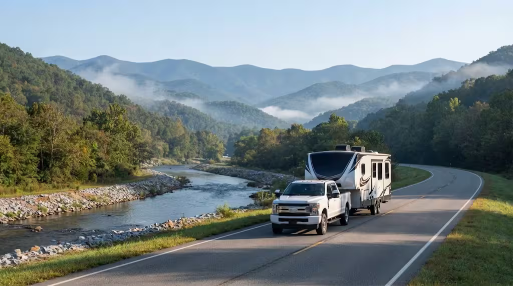 Large bunkhouse travel trailer on a valley highway running east beside a river