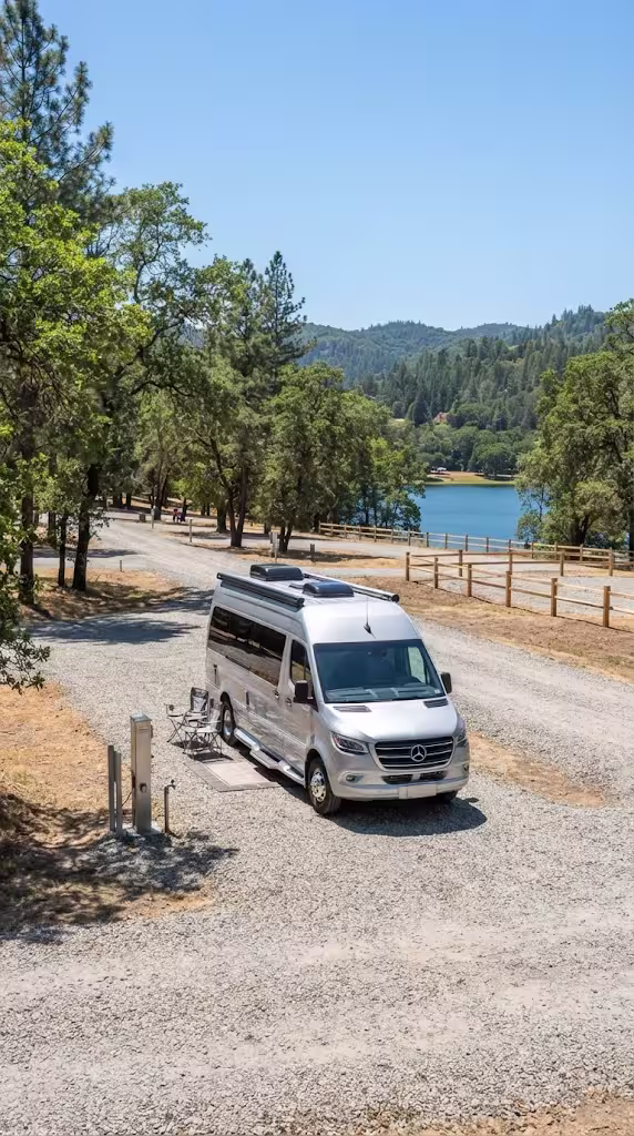 Class B camper van on a pitch at a valley KOA campground under repair