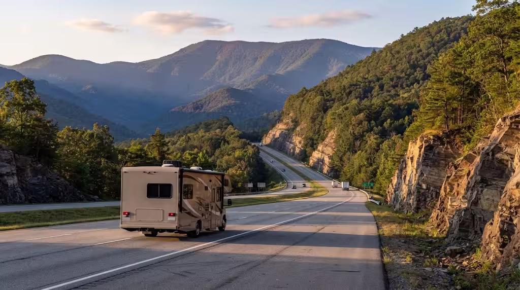 Class C motorhome on an interstate climbing east toward a high ridge