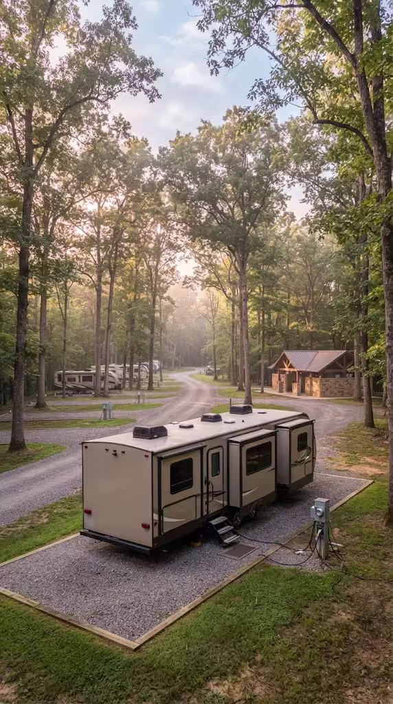 Large bunkhouse travel trailer on a pitch at a valley campground with a bath house and hardwoods