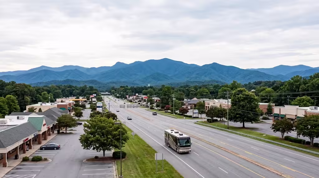 Class A motorhome on a broad suburban highway running south from a city