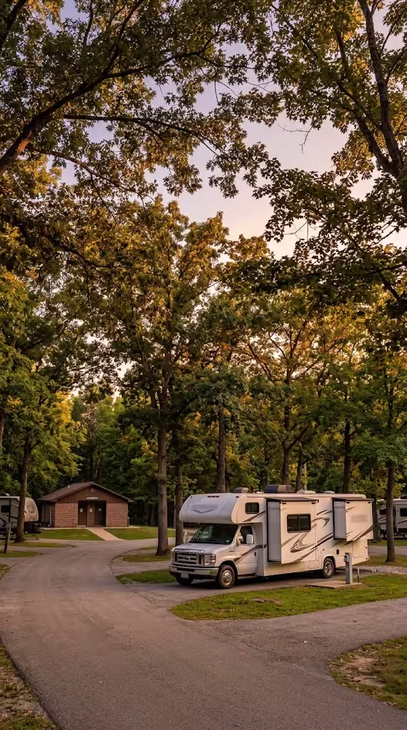 Class C motorhome on a pitch at a wooded RV park on the edge of the city