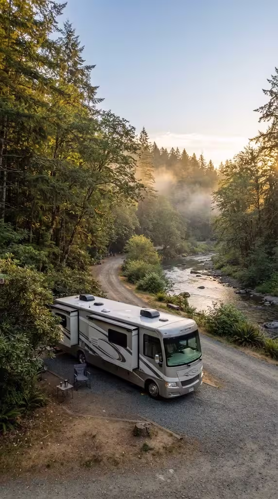 Class A motorhome on a pitch at a rustic national forest campground beside a river