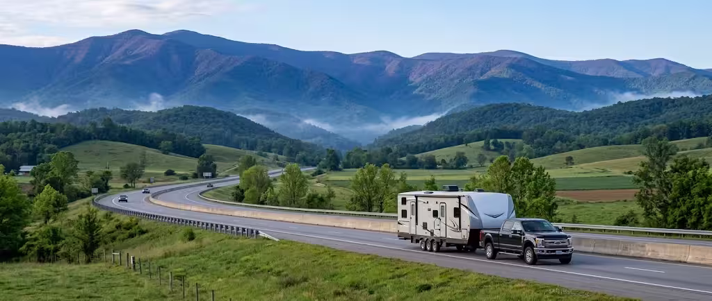 Large bunkhouse travel trailer on an interstate running south between low green ridges