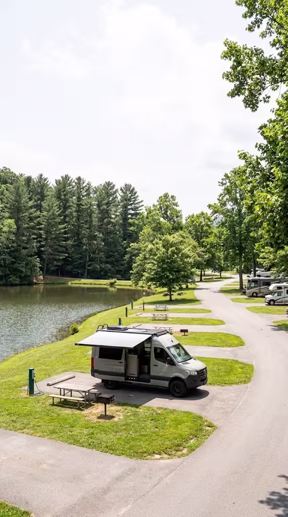 Class B camper van on a pitch at a lakeside RV resort with mown grass and hardwoods