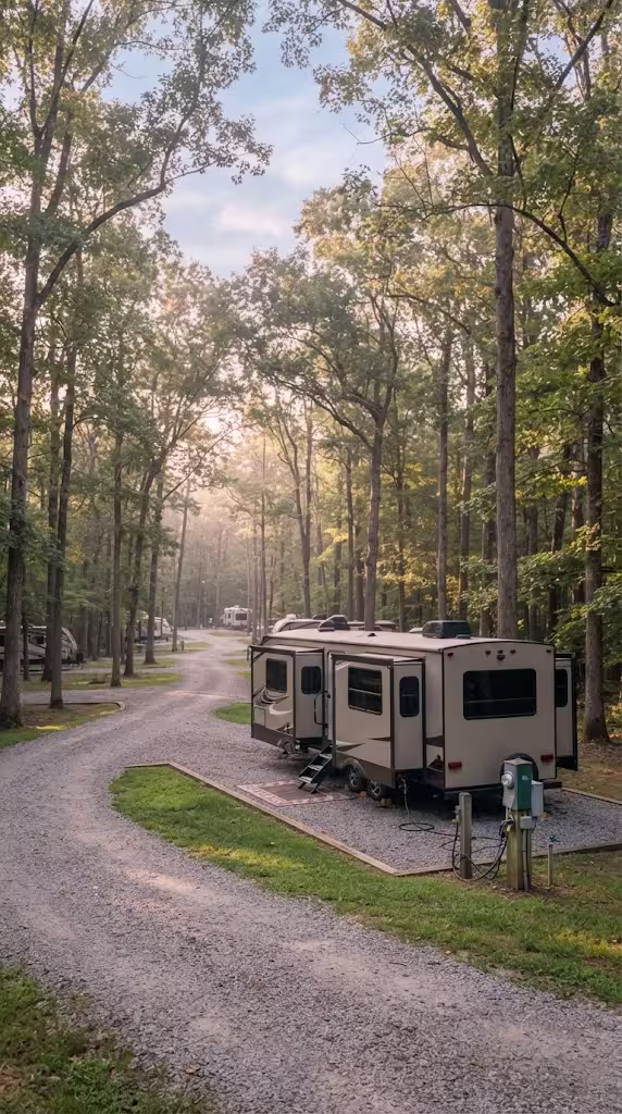 Large bunkhouse travel trailer on a pitch at a full hookup RV resort in the Flat Rock woods