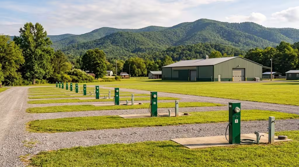 Empty full-hookup RV sites on the agricultural center grounds