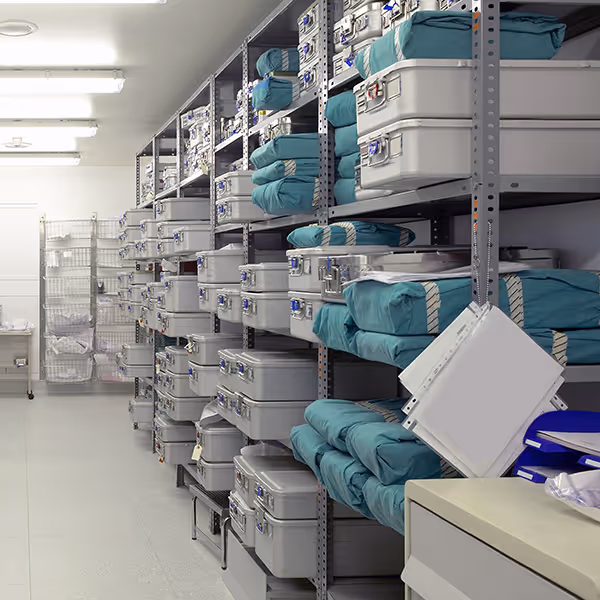 Hospital stores with medical supplies representing Elcom's inventory management solutions for NHS trusts