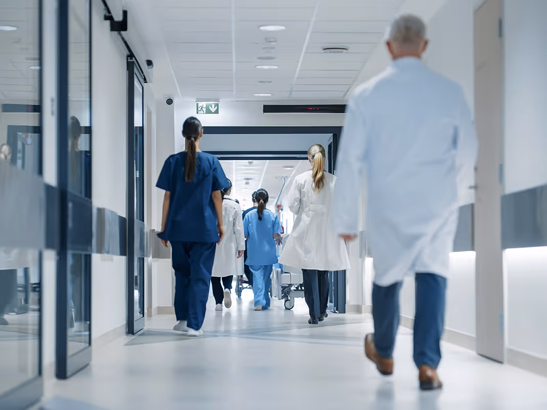 Hospital corridor representing Elcom's healthcare procurement and supply chain technology solutions