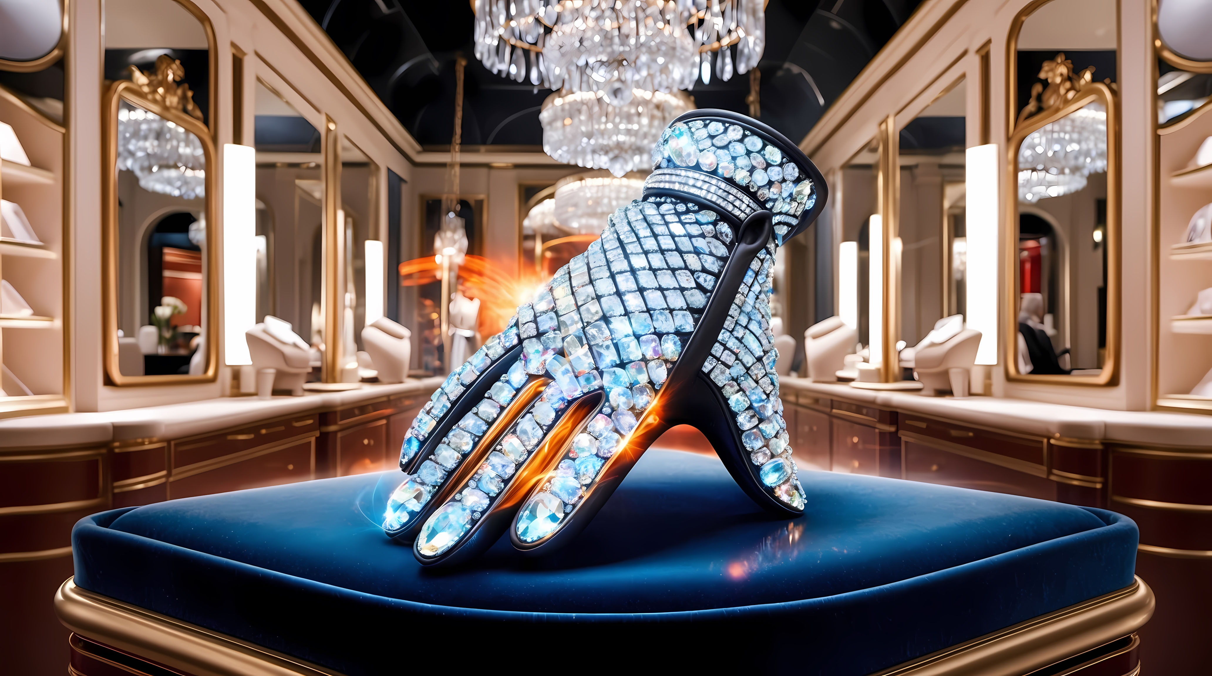 Luxury jeweled glove adorned with numerous sparkling blue and clear gemstones displayed on a blue velvet cushion in an opulent boutique setting.