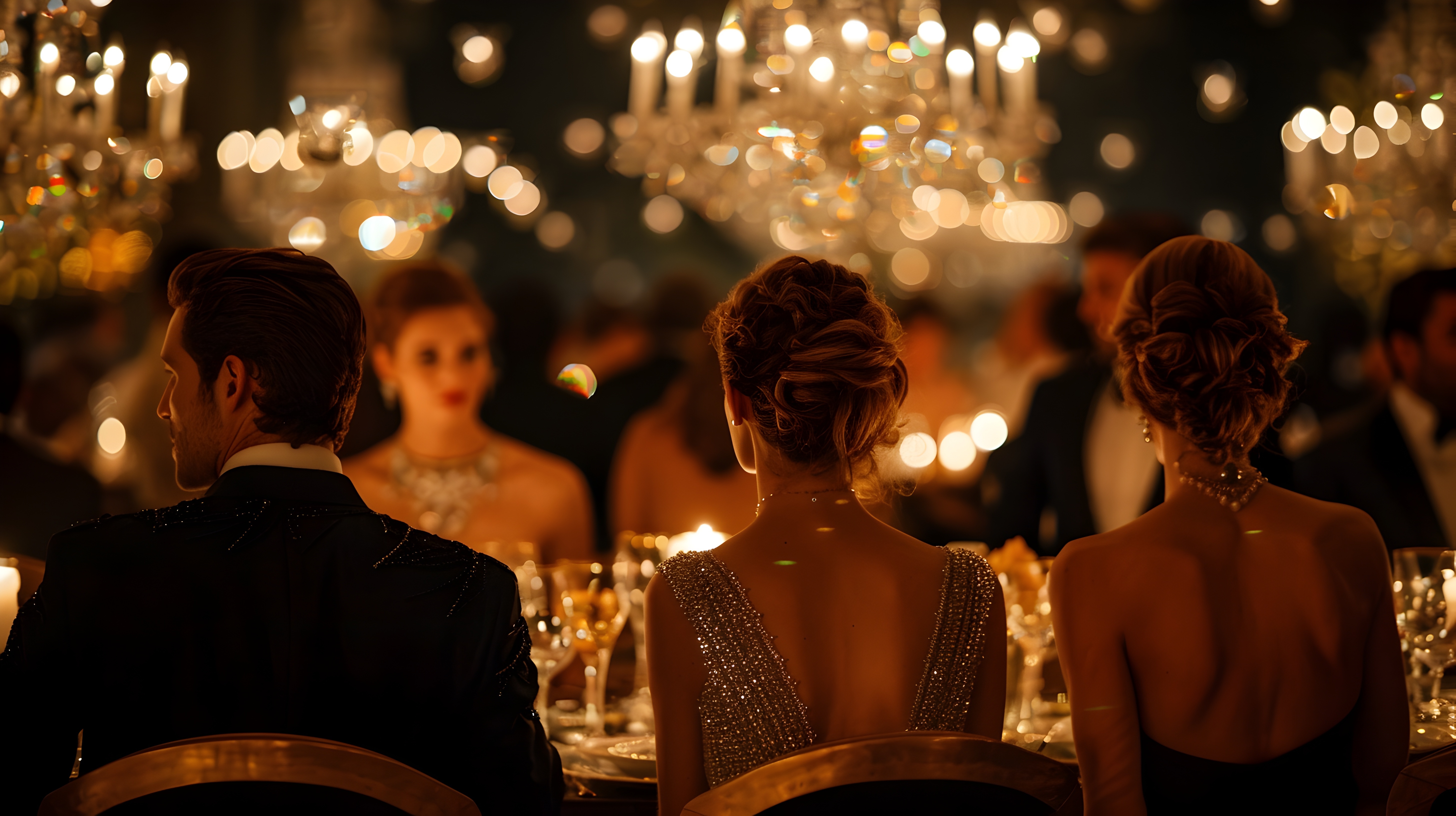 People dressed in elegant evening wear seated at a candlelit formal dinner with sparkling chandeliers in the background.