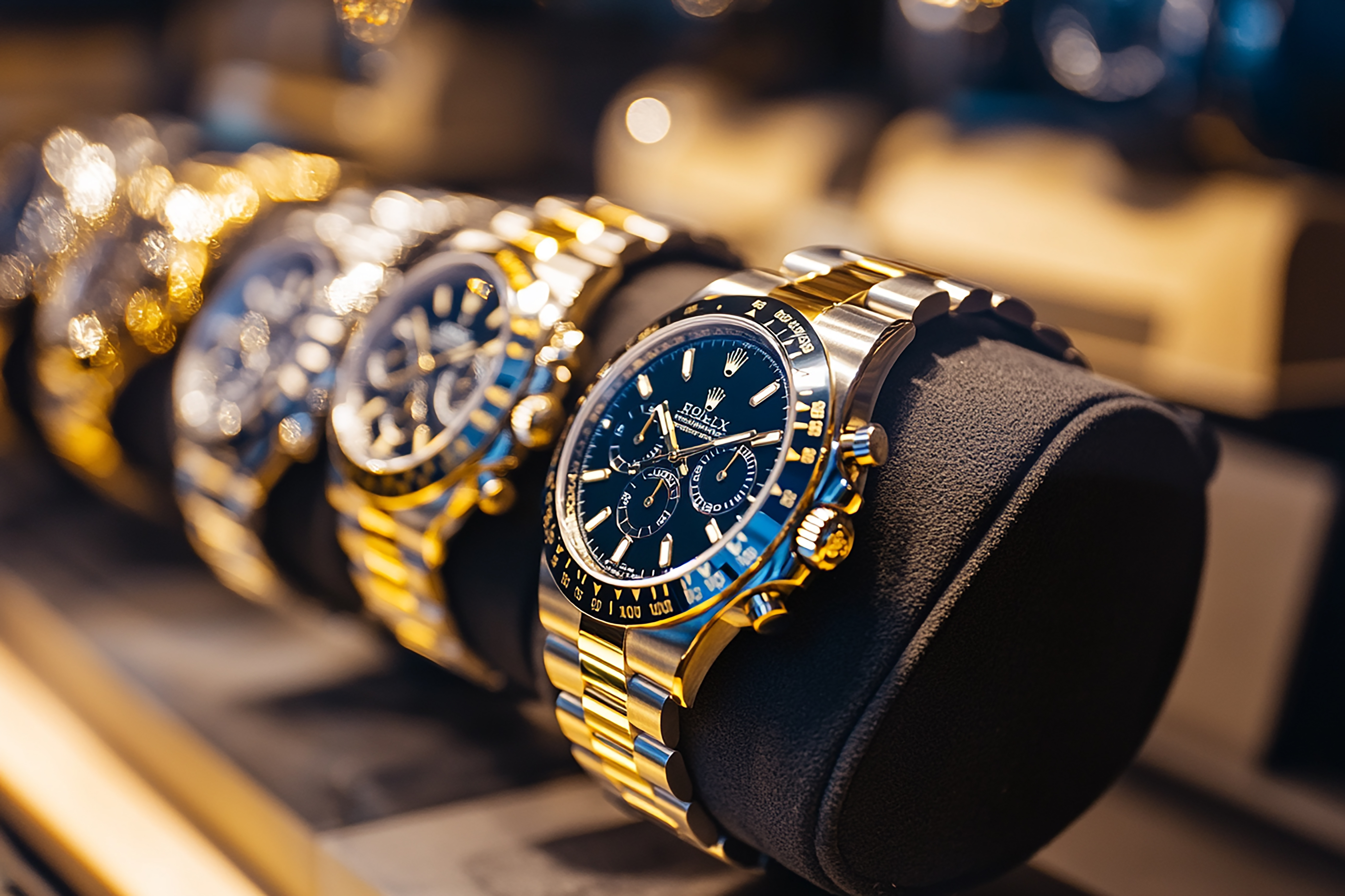 Close-up of a luxury gold and silver Rolex watch with a black dial displayed on a black cushion among other watches.