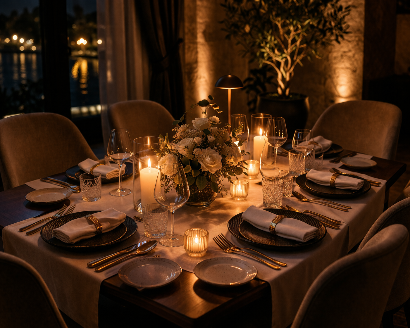 Elegant candlelit dining table set with white napkins, gold utensils, glassware, and a floral centerpiece in a warm, intimate room.