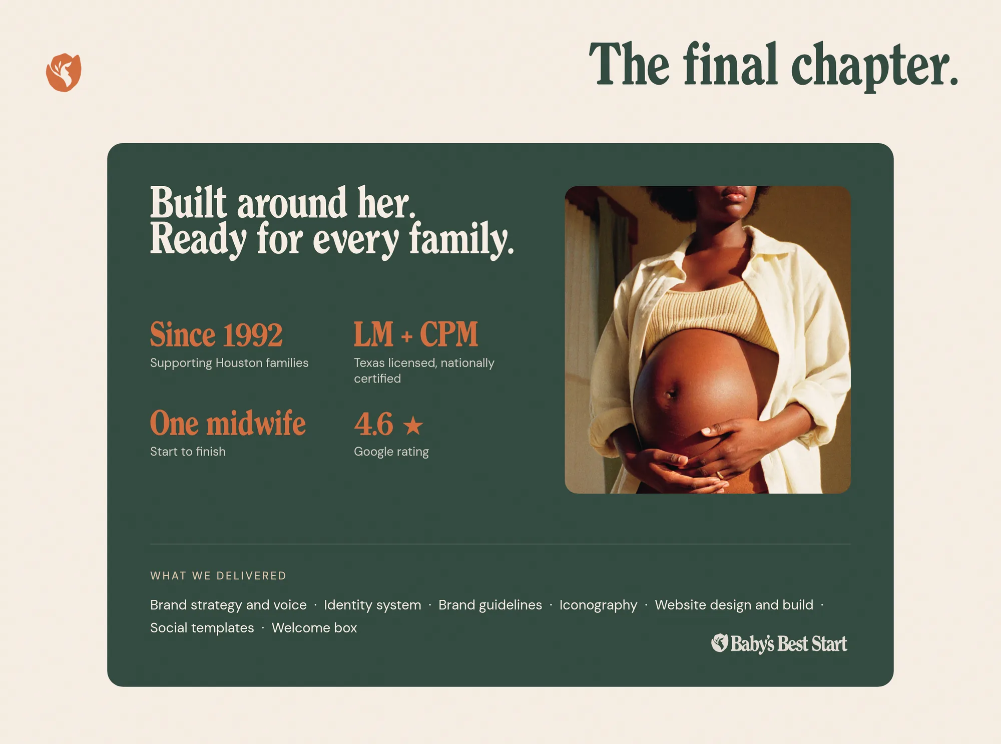 The final chapter. Built around her. Ready for every family. What we delivered Brand strategy and voice · Identity system · Brand guidelines · Iconography · Website design and build · Social templates · Welcome box