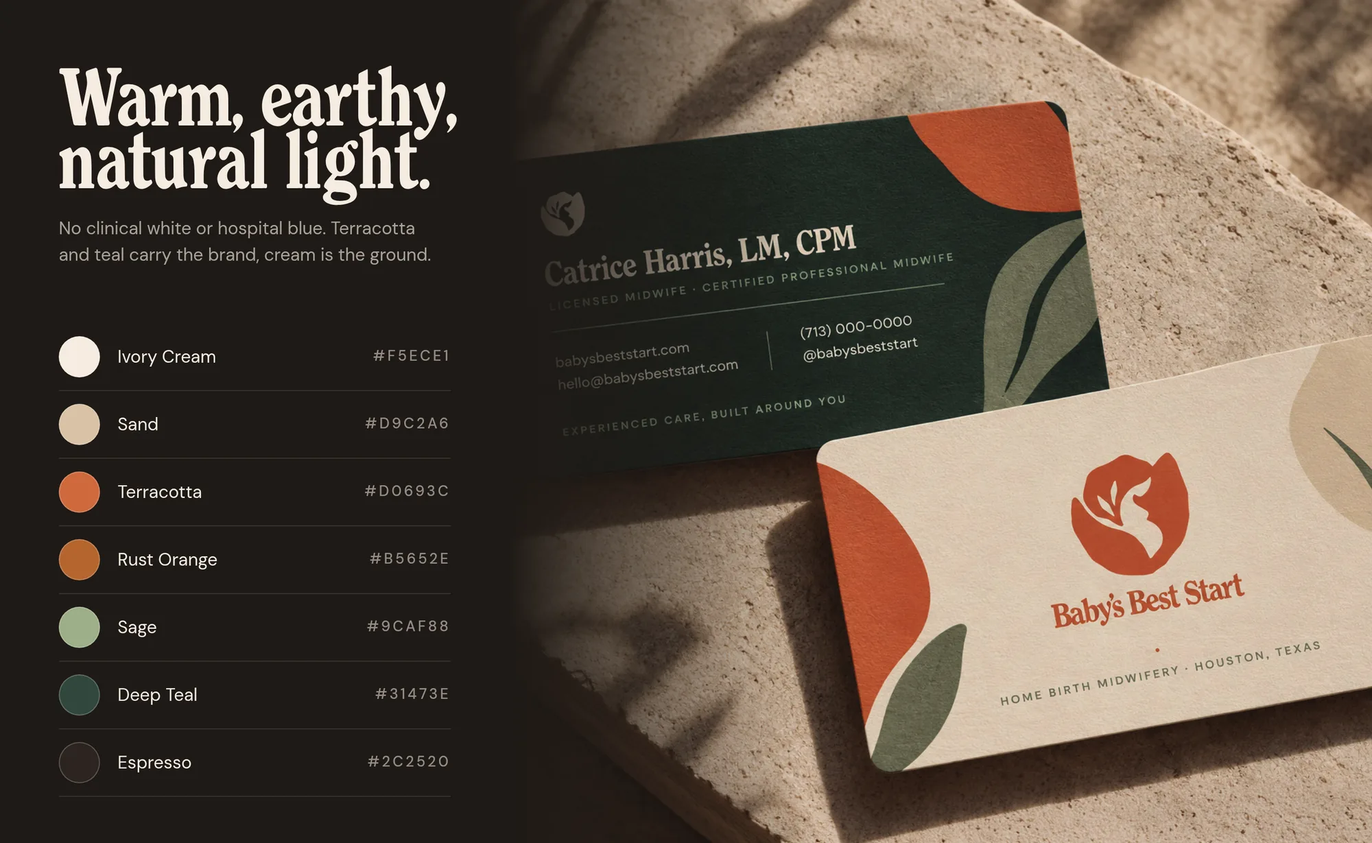 Warm, earthy, natural light. No clinical white or hospital blue. Terracotta and teal carry the brand, cream is the ground.