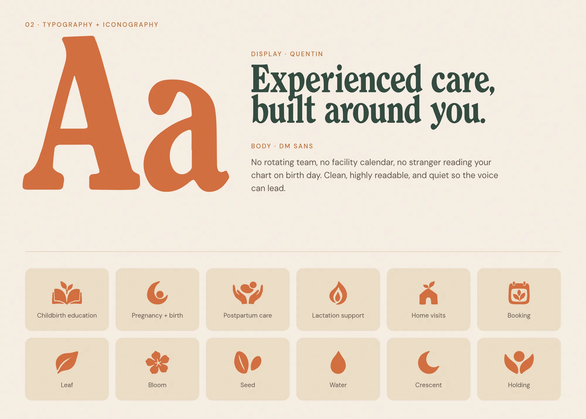 02 · Typography + iconography Aa Display · Quentin Experienced care, built around you. Body · DM Sans No rotating team, no facility calendar, no stranger reading your chart on birth day. Clean, highly readable, and quiet so the voice can lead.