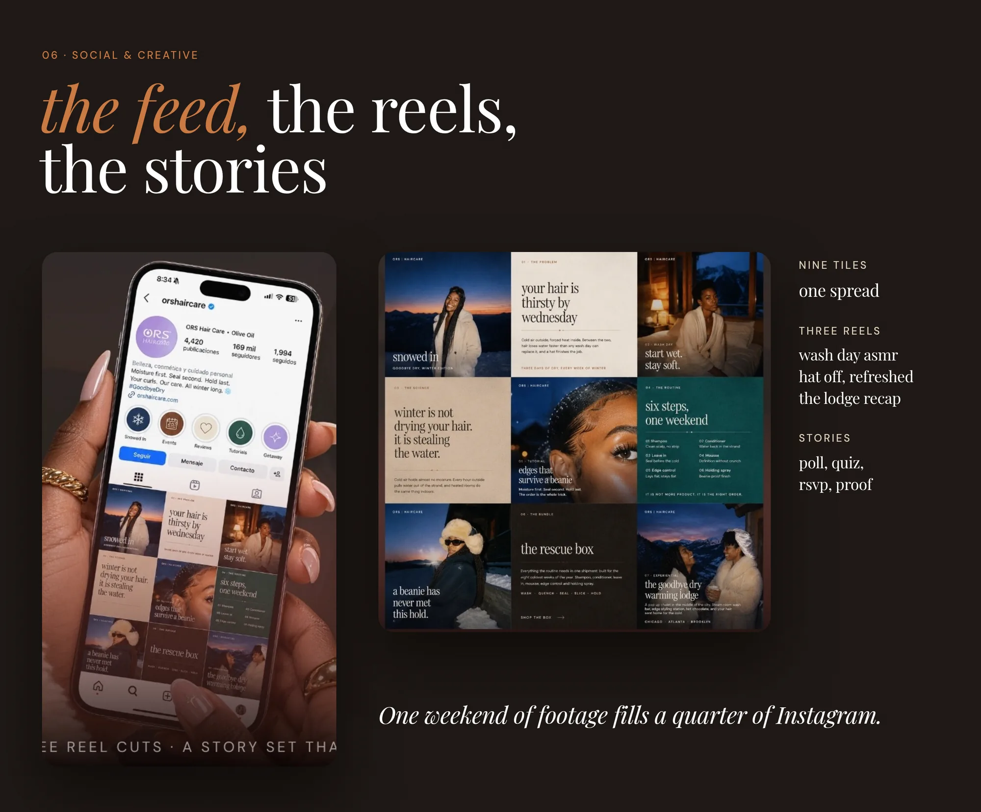 06 · Social & creative the feed, the reels, the stories Nine tiles one spread Three reels Stories poll, quiz, rsvp, proof One weekend of footage fills a quarter of Instagram.