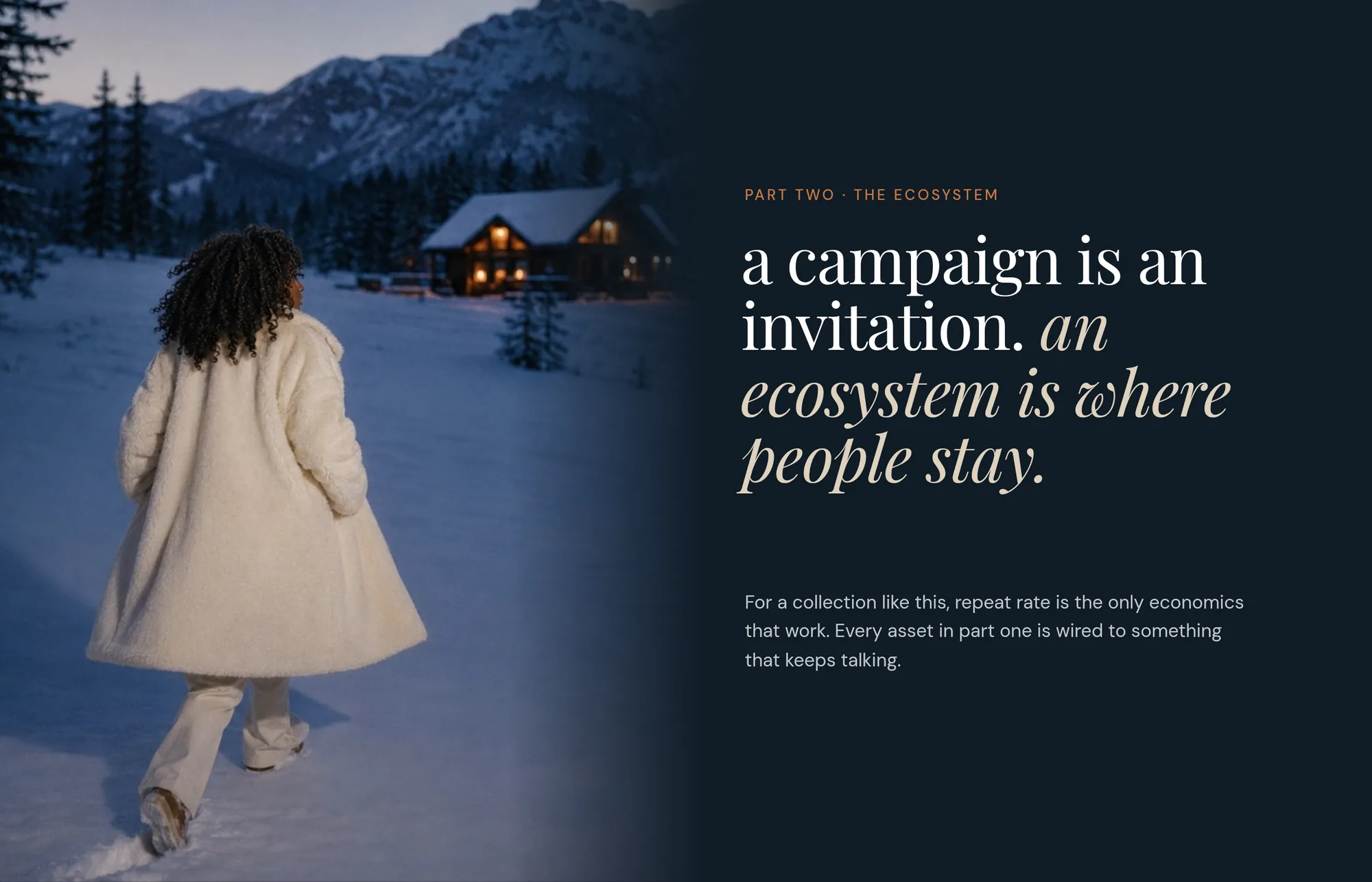 Part two · The ecosystem a campaign is an invitation. an ecosystem is where people stay. For a collection like this, repeat rate is the only economics that work. Every asset in part one is wired to something that keeps talking.