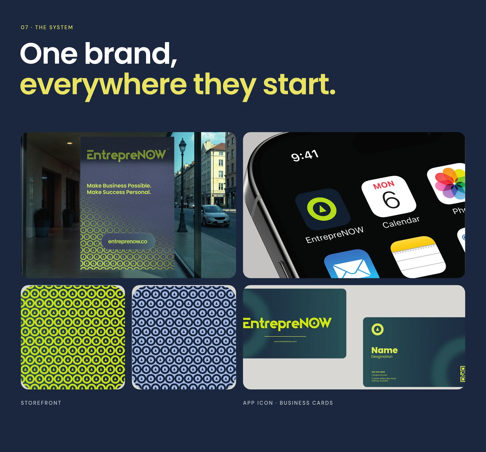 07 · The system One brand, everywhere they start. Storefront App icon · Business cards .
