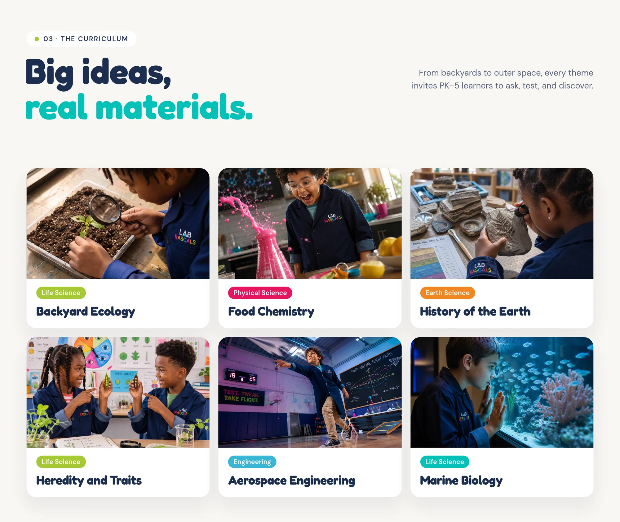 03 · The curriculum Big ideas, real materials. From backyards to outer space, every theme invites PK–5 learners to ask, test, and discover.