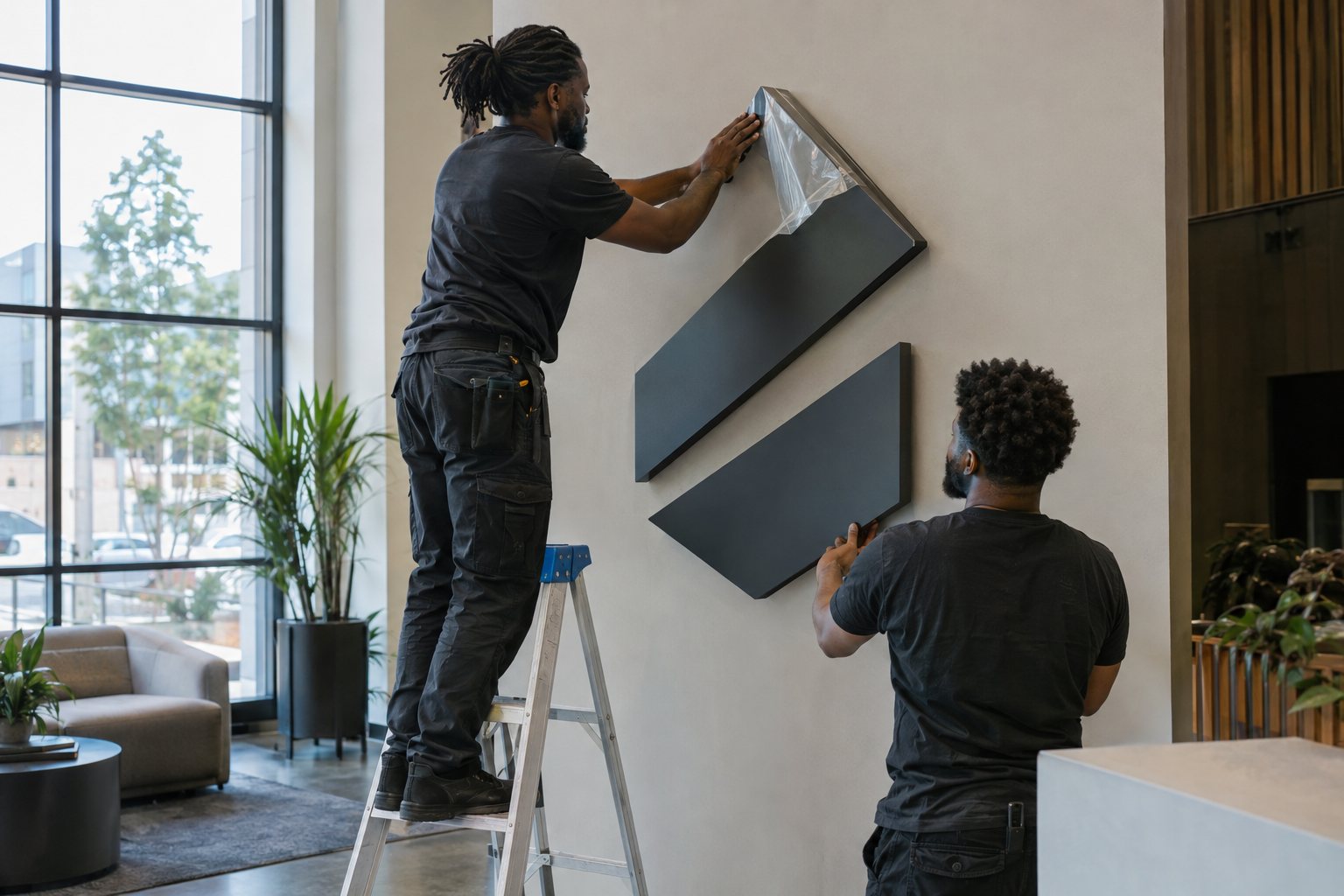 Installers mounting a new dimensional brand mark in an office lobby