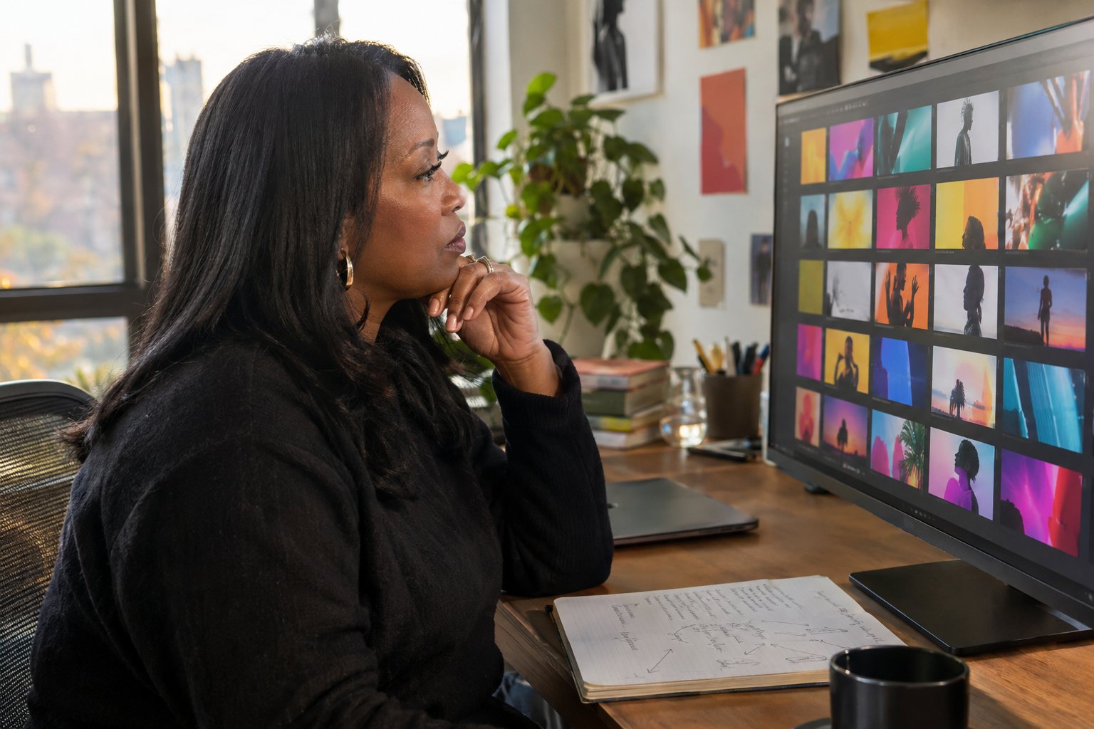 A marketing lead reviewing a grid of creator content on a monitor