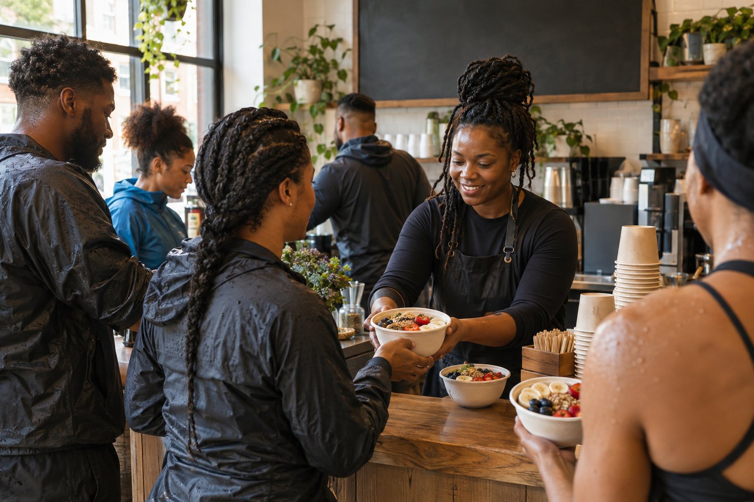 A barista handing breakfast bowls to runners during a cafe takeover morning